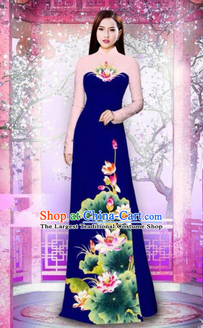 Vietnam Traditional National Printing Lotus Royalblue Ao Dai Dress Asian Vietnamese Cheongsam for Women