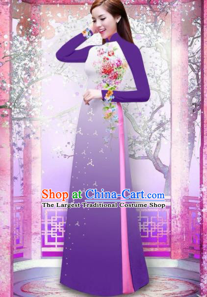 Vietnam Traditional National Printing Rose Flowers Purple Ao Dai Dress Asian Vietnamese Cheongsam for Women