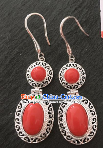 Chinese Traditional Mongol Nationality Coral Stone Earrings Mongolian Ethnic Sliver Ear Accessories for Women