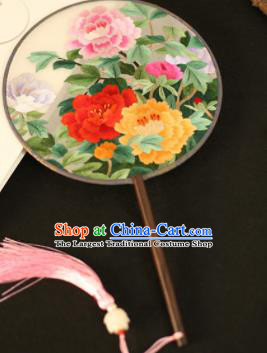 Chinese Traditional Embroidered Peony Flowers Round Fans Classical Hanfu Palace Fans for Women