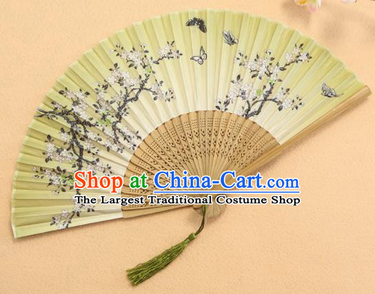 Chinese Traditional Folding Fans Classical Printing Flowers Green Accordion Silk Fans for Women
