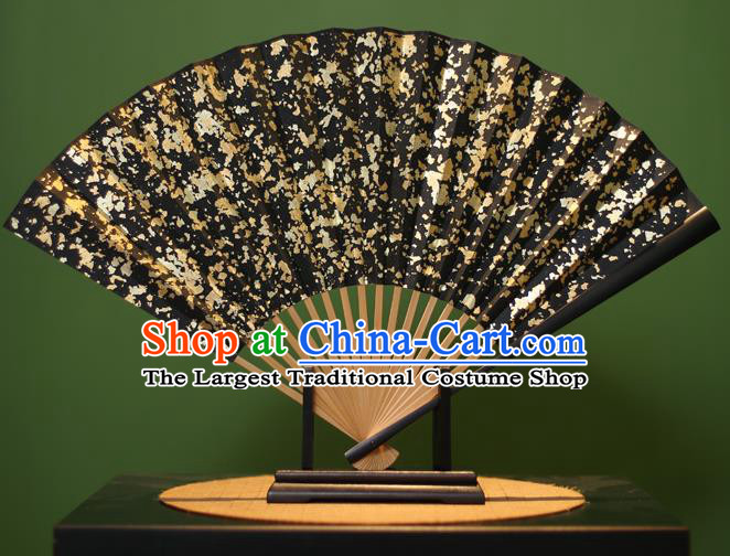 Chinese Traditional Handmade Golden Sequins Black Xuan Paper Fans Classical Folding Fans for Men