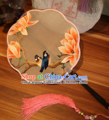 Handmade Chinese Traditional Embroidered Magnolia Silk Fans Classical Palace Fans for Women