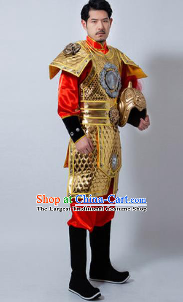 Chinese Ancient Drama Costume Han Dynasty General Golden Helmet and Armour Complete Set for Men