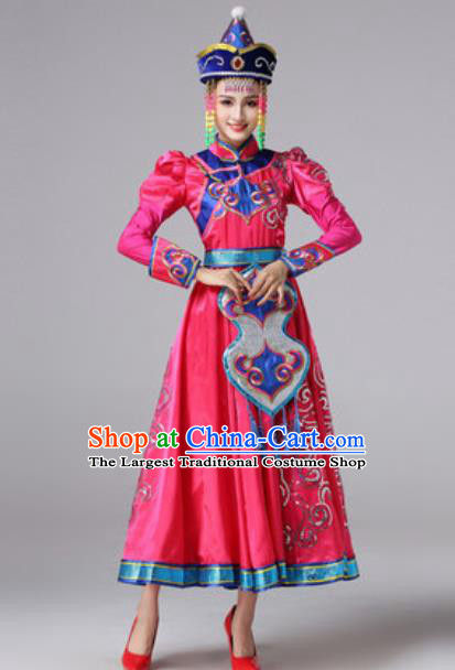 Chinese Traditional Ethnic Princess Costume Mongolian Nationality Folk Dance Rosy Dress for Women