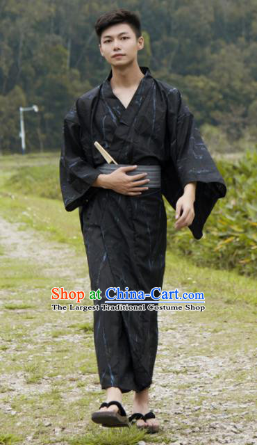 Japanese Traditional Handmade Printing Black Kimono Robe Asian Japan Yukata Costume for Men