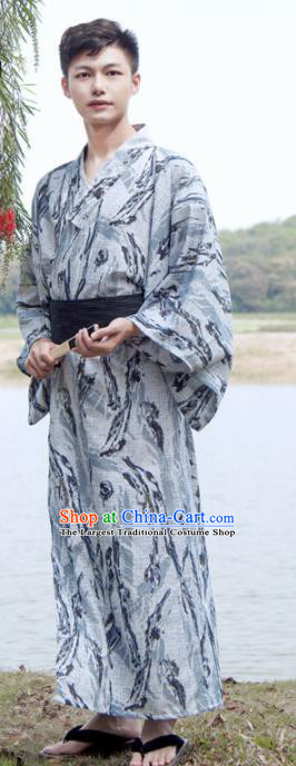 Japanese Traditional Samurai Grey Kimono Robe Asian Japan Handmade Warrior Yukata Costume for Men