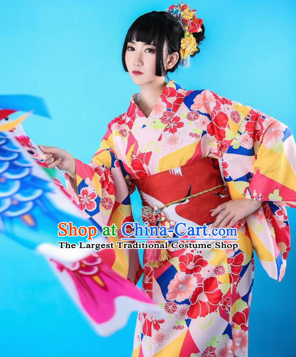 Japanese Traditional Handmade Printing Furisode Kimono Red Dress Asian Japan Geisha Yukata Costume for Women
