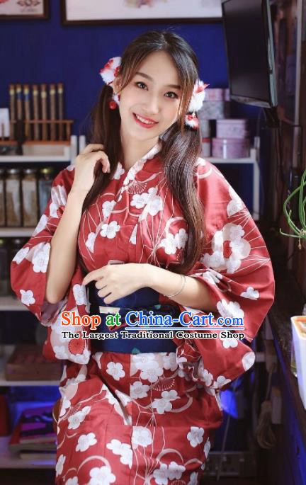 Japanese Traditional Handmade Printing Red Kimono Dress Asian Japan Geisha Yukata Costume for Women