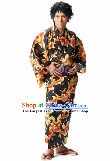 Traditional Japanese Samurai Printing Black Kimono Robe Asian Japan Handmade Warrior Yukata Costume for Men