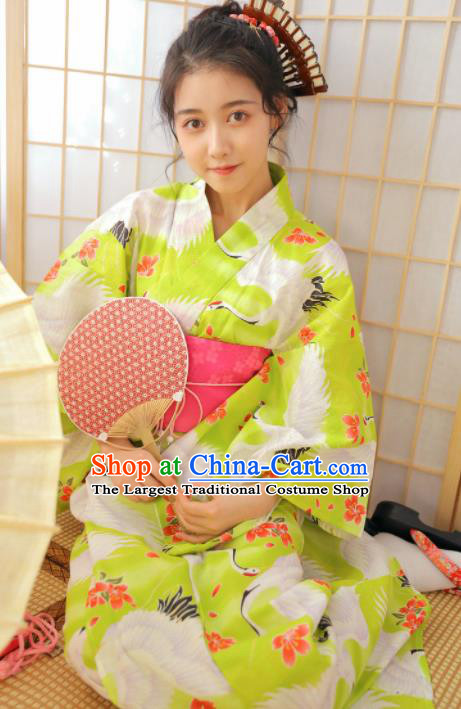 Japanese Traditional Handmade Printing Cranes Furisode Kimono Green Dress Asian Japan Geisha Yukata Costume for Women