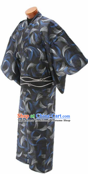 Japanese Traditional Handmade Printing Feather Black Kimono Asian Japan Yukata Costume for Men