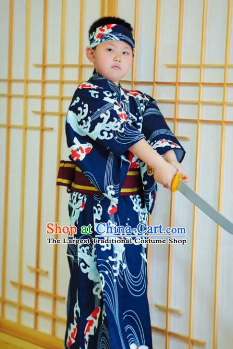 Japanese Traditional Handmade Kimono Asian Japan Boys Printing Navy Yukata Costume for Kids