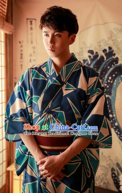 Japanese Traditional Handmade Kimono Asian Japan Blue Yukata Costume for Men
