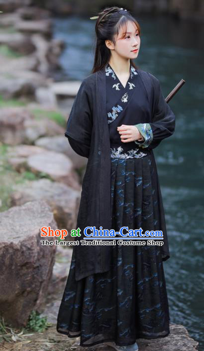Chinese Ancient Swordswoman Embroidered Black Hanfu Dress Song Dynasty Young Lady Historical Costume for Women