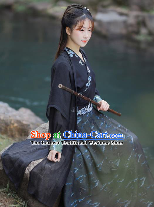 Chinese Ancient Swordswoman Embroidered Black Hanfu Dress Song Dynasty Young Lady Historical Costume for Women