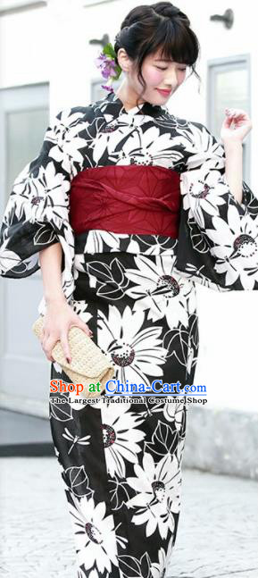 Japanese Traditional Costume Geisha Printing Daisy Black Furisode Kimono Asian Japan Yukata Dress for Women