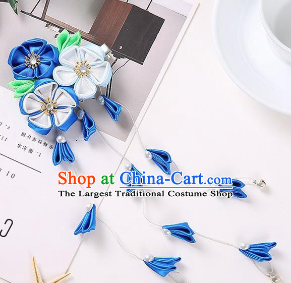 Japanese Traditional Kimono Hair Accessories Handmade Japan Geisha Blue Ribbon Tassel Hairpins for Women