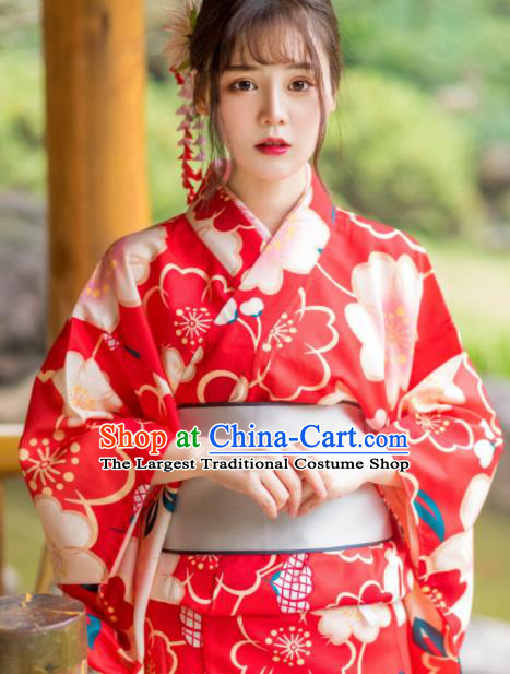 Japanese Traditional Costume Geisha Printing Sakura Red Furisode Kimono Asian Japan Yukata Dress for Women
