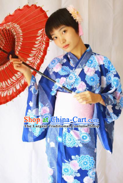 Japanese Traditional Costume Geisha Printing Chrysanthemum Blue Furisode Kimono Asian Japan Yukata Dress for Women