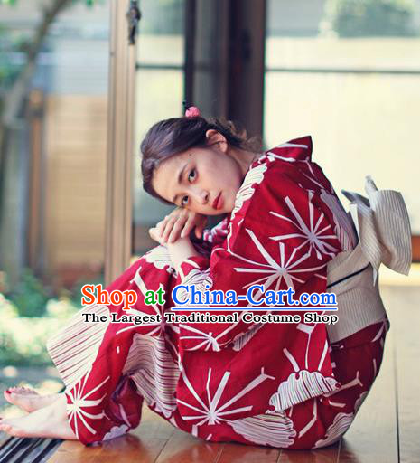 Japanese Traditional Costume Geisha Wine Red Furisode Kimono Dress Asian Japan Yukata for Women