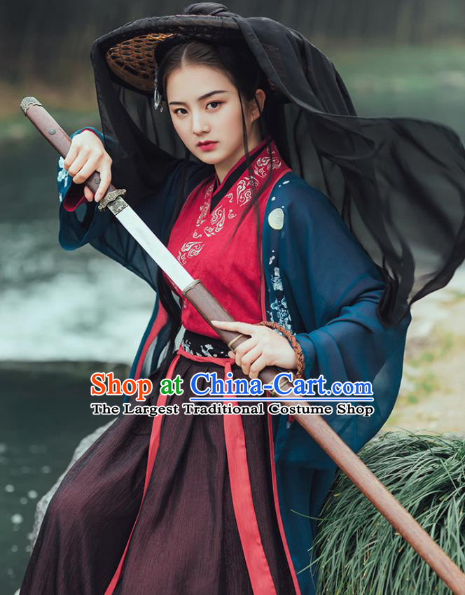 Chinese Ancient Female Swordsman Embroidered Hanfu Dress Jin Dynasty Nobility Lady Historical Costume for Women