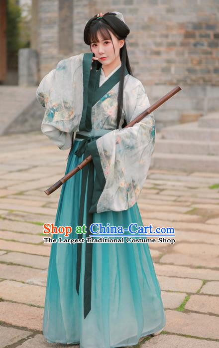 Chinese Ancient Princess Green Embroidered Hanfu Dress Jin Dynasty Historical Costume for Women