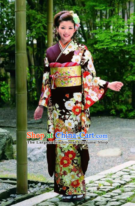 Japanese Traditional Printing Peony Furisode Kimono Asian Japan Costume Geisha Yukata Dress for Women
