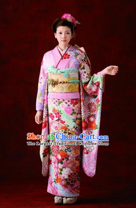 Japanese Traditional Printing Chrysanthemum Pink Furisode Kimono Asian Japan Costume Geisha Yukata Dress for Women