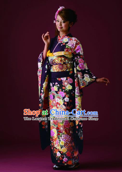 Japanese Traditional Printing Peony Purple Furisode Kimono Asian Japan Costume Geisha Yukata Dress for Women
