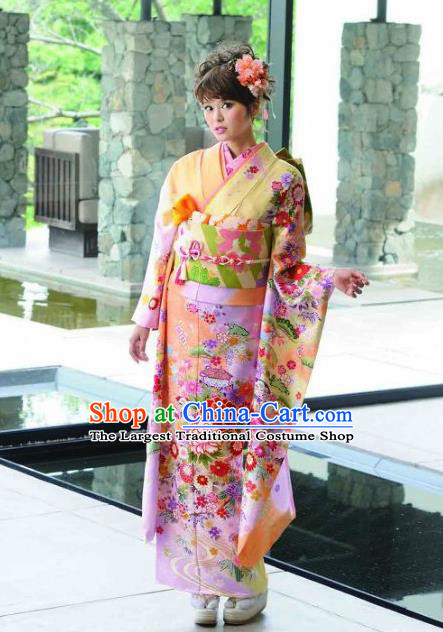 Japanese Traditional Printing Peony Iromuji Yellow Furisode Kimono Asian Japan Costume Geisha Yukata Dress for Women