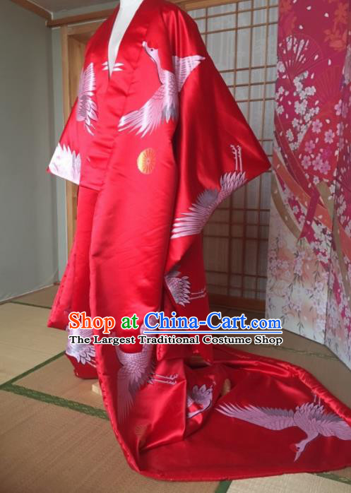 Japanese Traditional Courtesan Red Silk Furisode Kimono Asian Japan Costume Geisha Yukata Dress for Women