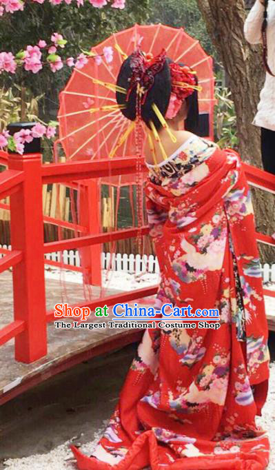 Japanese Traditional Wedding Red Silk Shiromuku Furisode Kimono Asian Japan Costume Geisha Yukata Dress for Women