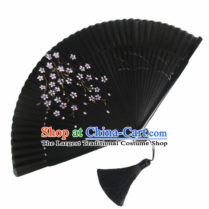 Japanese Traditional Printing Sakura Black Accordion Folding Fans Asian Japan Handmade Geisha Kimono Fan for Women