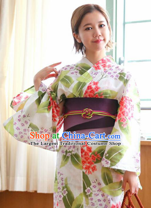Traditional Japanese Classical Printing Green Leaf Kimono Asian Japan Costume Geisha Yukata Dress for Women