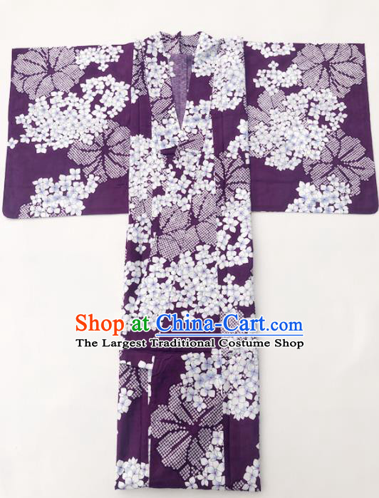 Traditional Japanese Classical Printing Hydrangea Purple Kimono Asian Japan Costume Geisha Yukata Dress for Women
