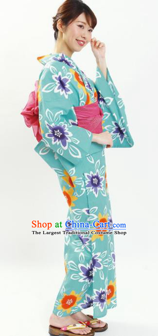 Japanese Classical Printing Sunflowers Green Kimono Asian Japan Traditional Costume Geisha Yukata Dress for Women
