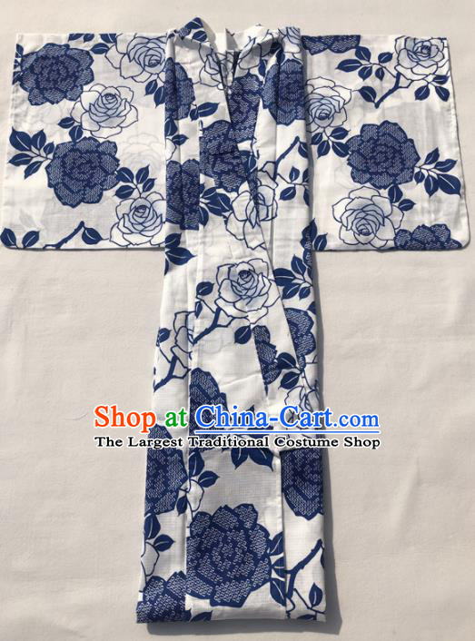 Japanese Classical Printing Blue Roses Kimono Asian Japan Traditional Costume Geisha Yukata Dress for Women