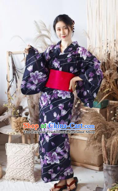Japanese Traditional Classical Printing Purple Flowers Kimono Asian Japan Costume Geisha Yukata Dress for Women