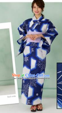 Japanese Classical Printing Snowflake Blue Kimono Asian Japan Traditional Costume Geisha Yukata Dress for Women