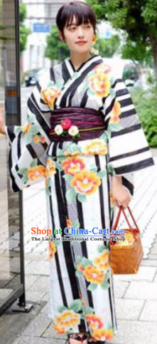 Japanese Traditional Printing Peony Flowers Kimono Asian Japan Costume Geisha Yukata Dress for Women