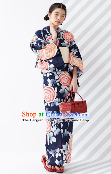 Japanese Classical Printing Roses Navy Kimono Asian Japan Traditional Costume Geisha Yukata Dress for Women