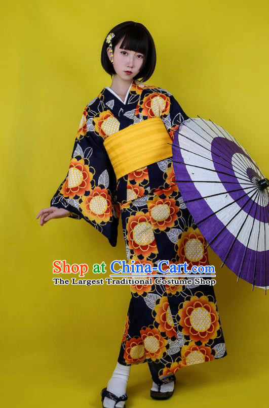 Japanese Classical Printing Sunflowers Black Kimono Asian Japan Traditional Costume Geisha Yukata Dress for Women