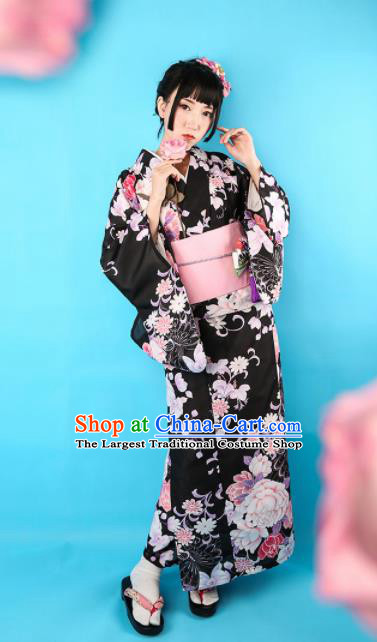Japanese Classical Printing Peony Black Kimono Asian Japan Traditional Costume Geisha Yukata Dress for Women