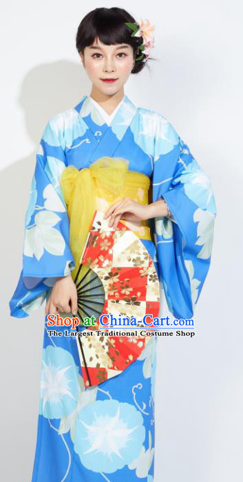 Japanese Classical Printing Morning Glory Blue Yukata Dress Asian Japan Traditional Costume Geisha Furisode Kimono for Women