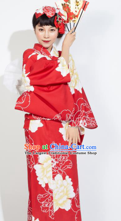 Japanese Classical Printing Peony Red Yukata Dress Asian Japan Traditional Costume Geisha Furisode Kimono for Women