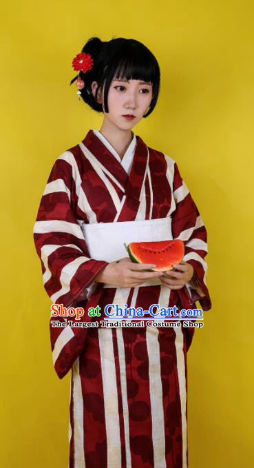 Japanese Classical Wine Red Kimono Asian Japan Traditional Costume Geisha Yukata Dress for Women