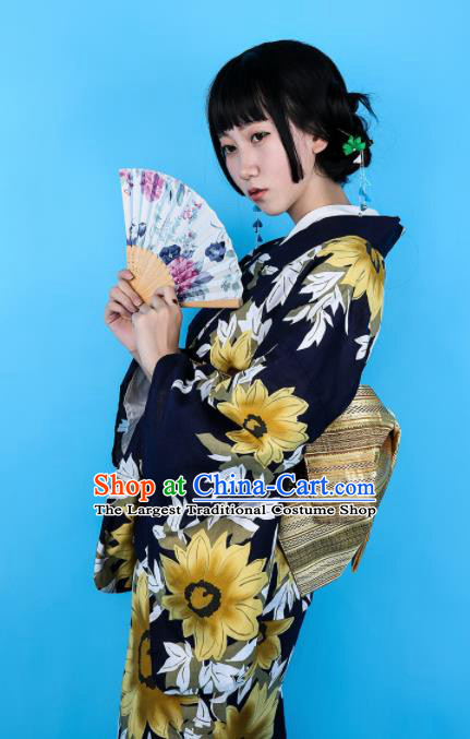 Japanese Classical Printing Yellow Flowers Kimono Asian Japan Traditional Costume Geisha Yukata Dress for Women