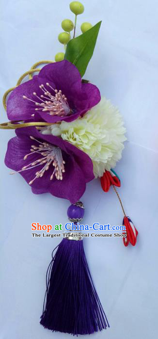 Japanese Traditional Geisha Kimono Hair Accessories Japan Yukata Purple Flowers Tassel Hair Claws for Women