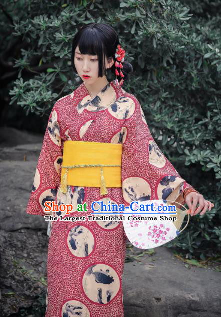 Japanese Classical Printing Wine Red Kimono Asian Japan Traditional Costume Geisha Yukata Dress for Women